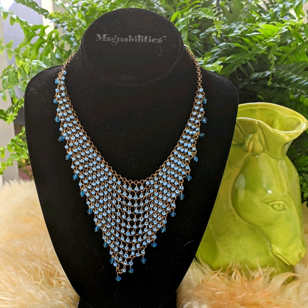 Blue bead stranded statement necklace